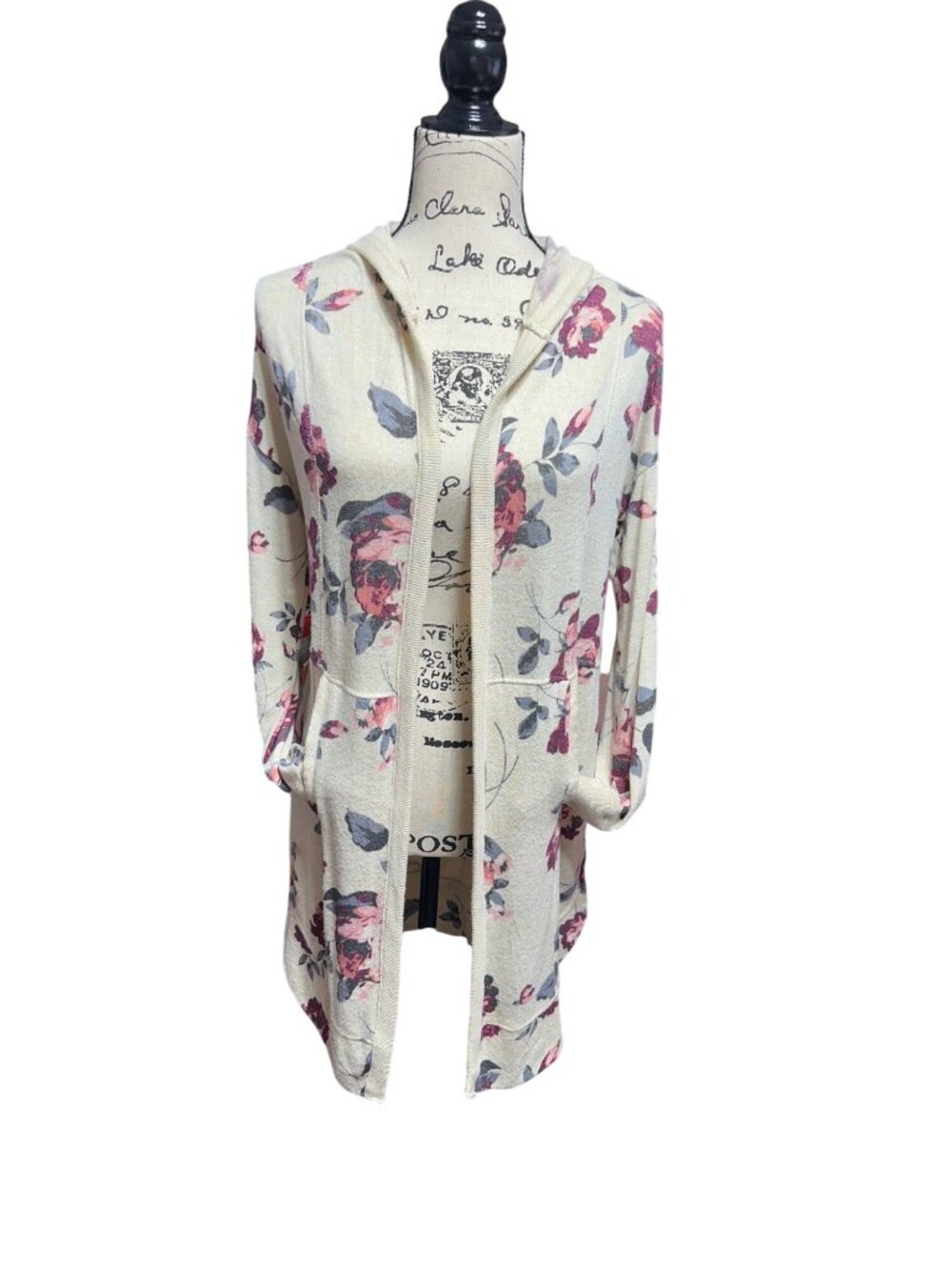 Floral Open Front Hooded Cardigan Sweater By Altard State Size S Beige & Pink